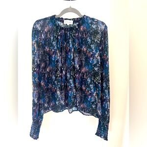 Bella Dahl  Elastic Shirred Top Midnight Seascape Print Size Large Rayon Blouse